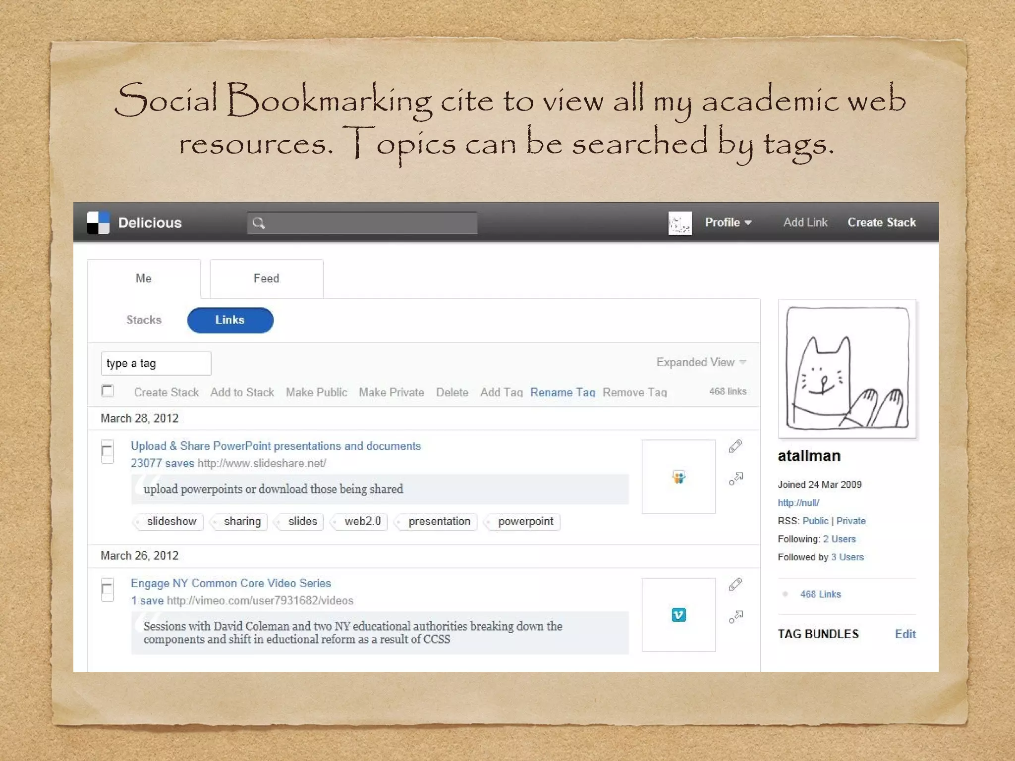 Social Bookmarking cite to view all my academic web
resources. Topics can be searched by tags.