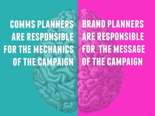 comms planners
are responsible
for the mechanics
of the campaign

brand planners
are responsible
for the message
of the campaign

5

 