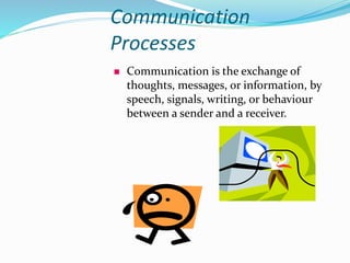 Communication
Processes
 Communication is the exchange of
thoughts, messages, or information, by
speech, signals, writing, or behaviour
between a sender and a receiver.
 