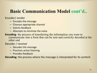 Basic Communication Model cont’d..
Encoder/ sender
– Encodes the message
– Chooses appropriate channel
– Solicits feedback
– Attempts to minimize the noise
Encoding: the process of transferring the information you want to
communicate into a form that can be sent and correctly decoded at the
other end
Decoder / receiver
– Decodes the message
– Practices active listening
– Provides feedback
Decoding: the process where the message is interpreted for its content.
10
 