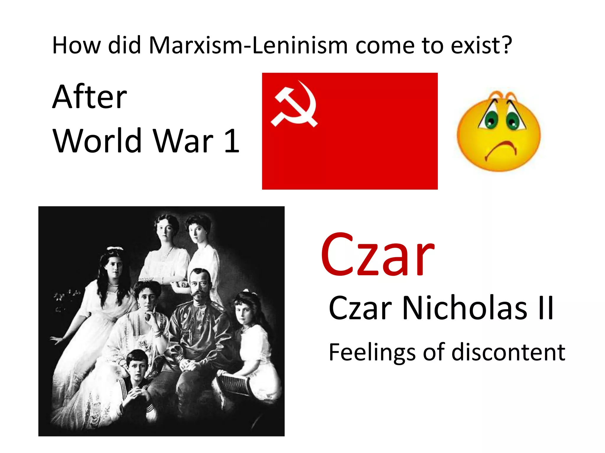 How did Marxism-Leninism come to exist?

After
World War 1


                      Czar
                       Czar Nicholas II
                       Feelings of discontent
 