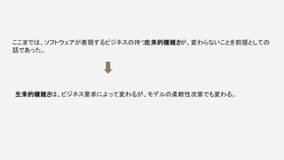 ここまでは、ソフトウェアが表現するビジネスの持つ
生来的複雑さが、変わらないことを前提としての
話であった。
生来的複雑さは、ビジネス要求によって変わるが、モデルの柔軟性次第でも変わる。
 