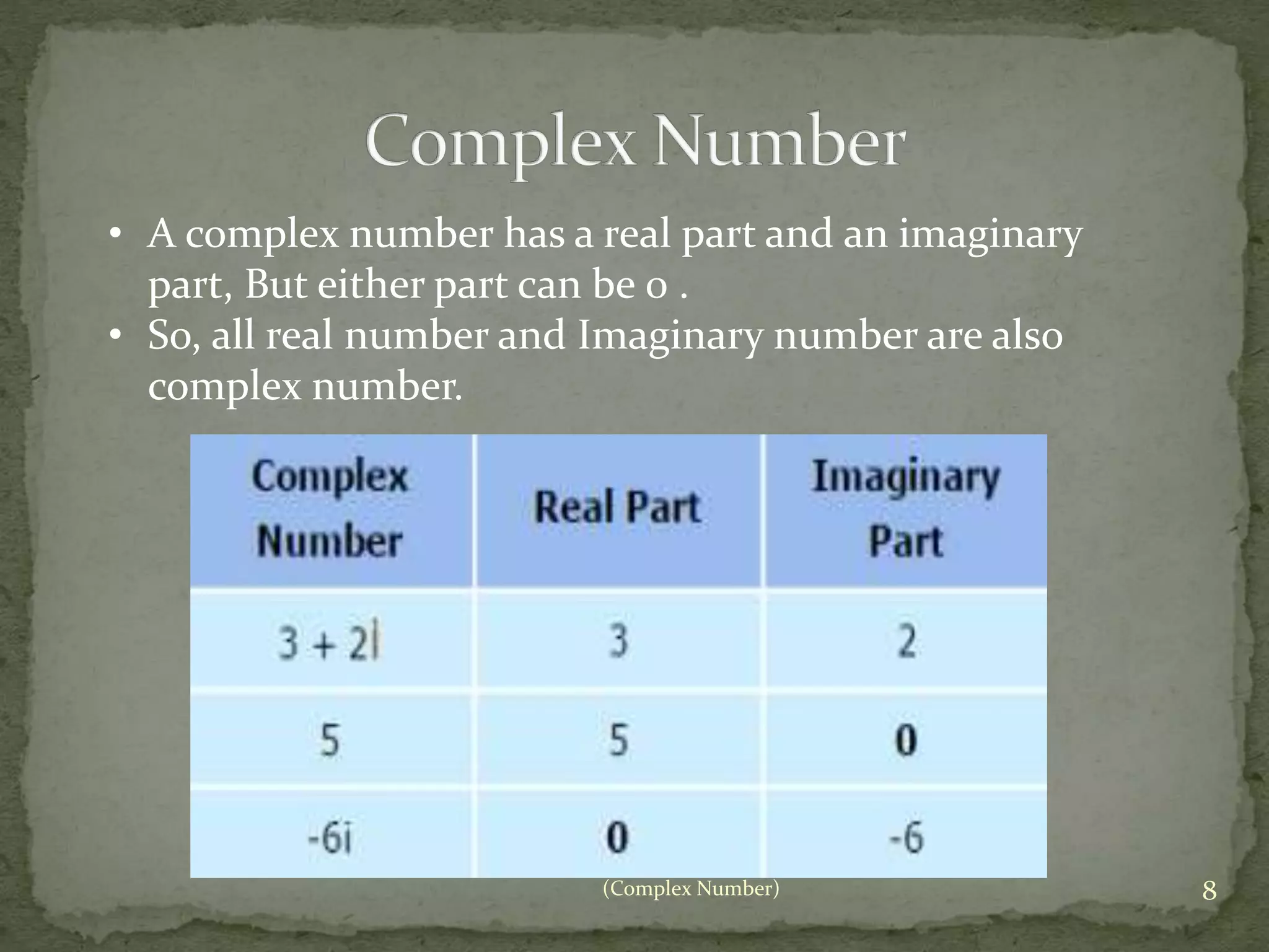 • A complex number has a real part and an imaginary 
part, But either part can be 0 . 
• So, all real number and Imaginary number are also 
complex number. 
(Complex Number) 8 
 