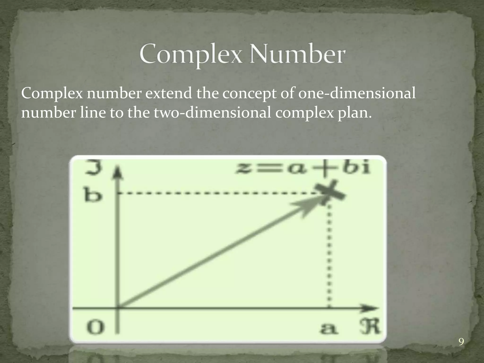 Complex number extend the concept of one-dimensional 
number line to the two-dimensional complex plan. 
(Complex Number) 9 
 