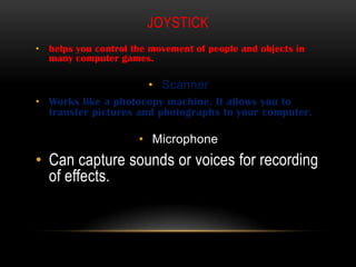THE COMPUTER SYSTEM - HardwareRefers to the physical components  of the computer system. It is the tangible part of the system which includes input, process, output and storage device.