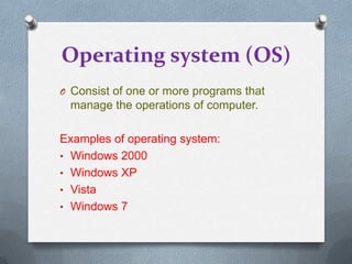Output deviceAre used to give out processed data from the memory unit of the computer.Output unit devices are:1. Printer– produce hard copy converts electronic or digital text and images into printed form.2. Monitor – display the software being used and also the results obtained after data processing.3. VDU ( Visual Display Unit )4. CTR ( cathode ray tube )