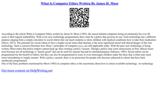What Is Computer Ethics Written By James H. Moor | PPT