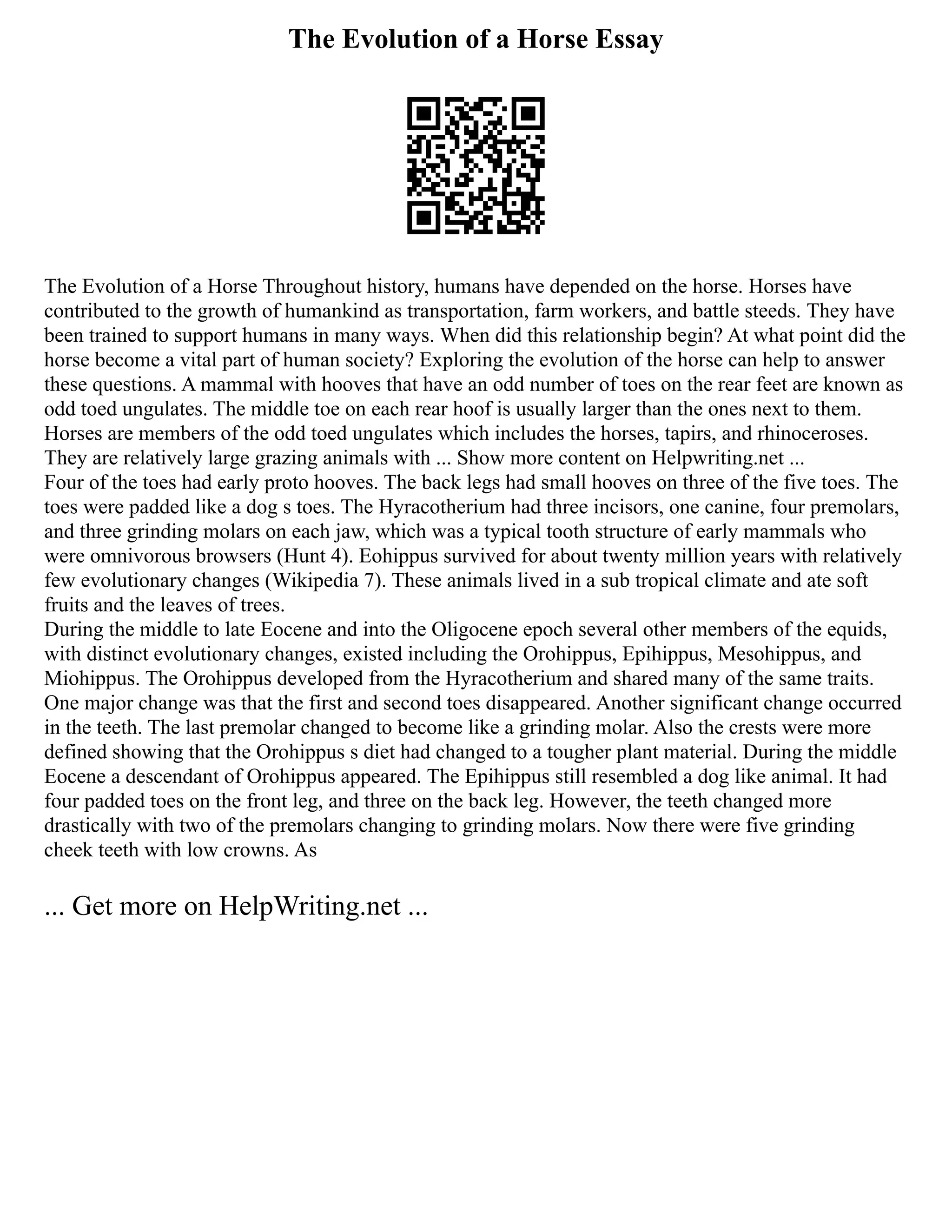 The Evolution of a Horse Essay
The Evolution of a Horse Throughout history, humans have depended on the horse. Horses have
contributed to the growth of humankind as transportation, farm workers, and battle steeds. They have
been trained to support humans in many ways. When did this relationship begin? At what point did the
horse become a vital part of human society? Exploring the evolution of the horse can help to answer
these questions. A mammal with hooves that have an odd number of toes on the rear feet are known as
odd toed ungulates. The middle toe on each rear hoof is usually larger than the ones next to them.
Horses are members of the odd toed ungulates which includes the horses, tapirs, and rhinoceroses.
They are relatively large grazing animals with ... Show more content on Helpwriting.net ...
Four of the toes had early proto hooves. The back legs had small hooves on three of the five toes. The
toes were padded like a dog s toes. The Hyracotherium had three incisors, one canine, four premolars,
and three grinding molars on each jaw, which was a typical tooth structure of early mammals who
were omnivorous browsers (Hunt 4). Eohippus survived for about twenty million years with relatively
few evolutionary changes (Wikipedia 7). These animals lived in a sub tropical climate and ate soft
fruits and the leaves of trees.
During the middle to late Eocene and into the Oligocene epoch several other members of the equids,
with distinct evolutionary changes, existed including the Orohippus, Epihippus, Mesohippus, and
Miohippus. The Orohippus developed from the Hyracotherium and shared many of the same traits.
One major change was that the first and second toes disappeared. Another significant change occurred
in the teeth. The last premolar changed to become like a grinding molar. Also the crests were more
defined showing that the Orohippus s diet had changed to a tougher plant material. During the middle
Eocene a descendant of Orohippus appeared. The Epihippus still resembled a dog like animal. It had
four padded toes on the front leg, and three on the back leg. However, the teeth changed more
drastically with two of the premolars changing to grinding molars. Now there were five grinding
cheek teeth with low crowns. As
... Get more on HelpWriting.net ...
 