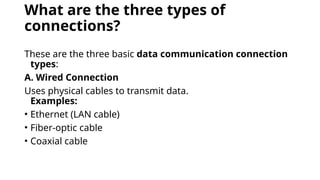 What are the three types of
connections?
These are the three basic data communication connection
types:
A. Wired Connection
Uses physical cables to transmit data.
Examples:
• Ethernet (LAN cable)
• Fiber-optic cable
• Coaxial cable
 