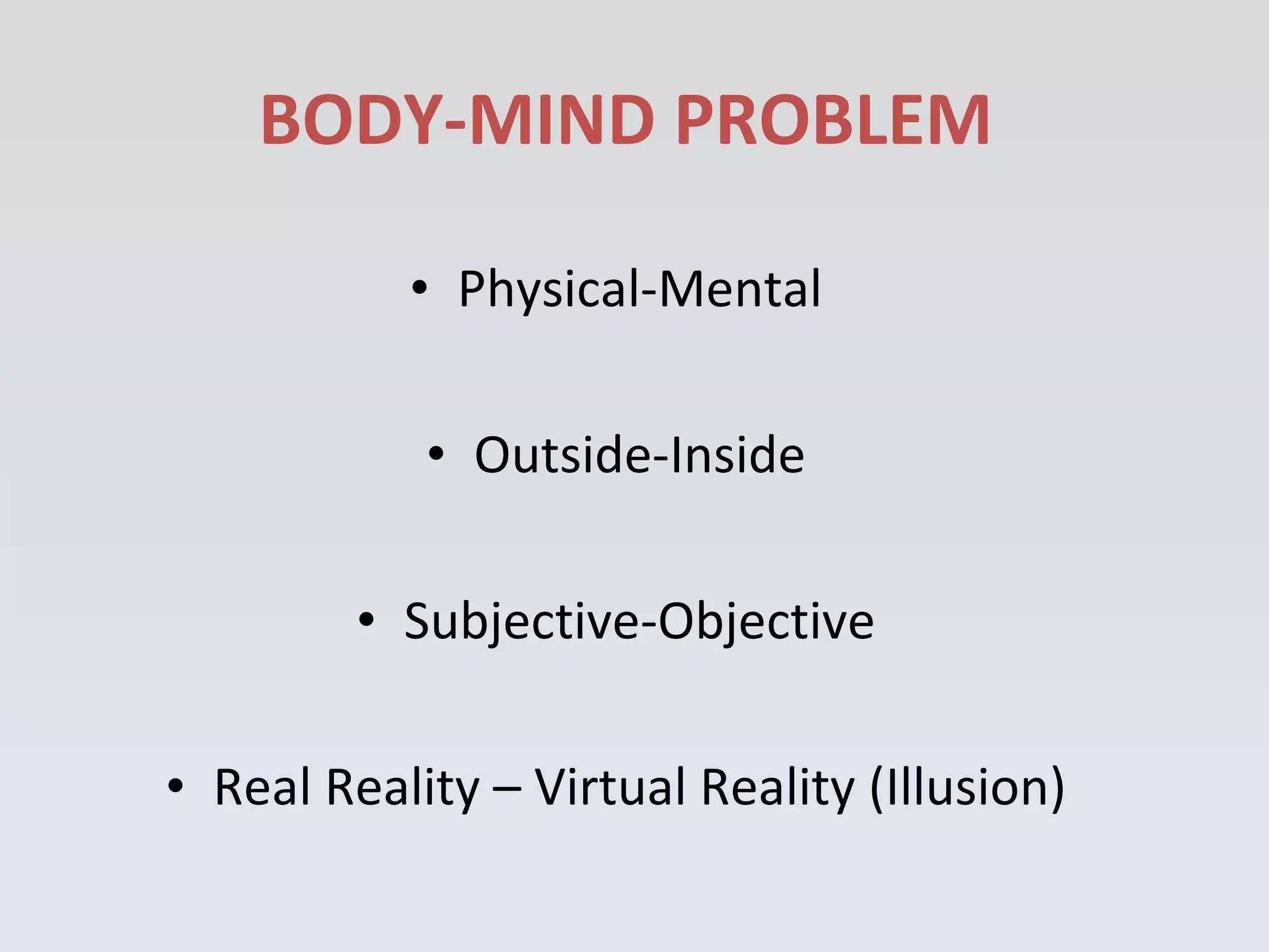 Physical-Mental Outside-Inside Subjective-Objective Real Reality – Virtual Reality (Illusion) BODY-MIND PROBLEM   