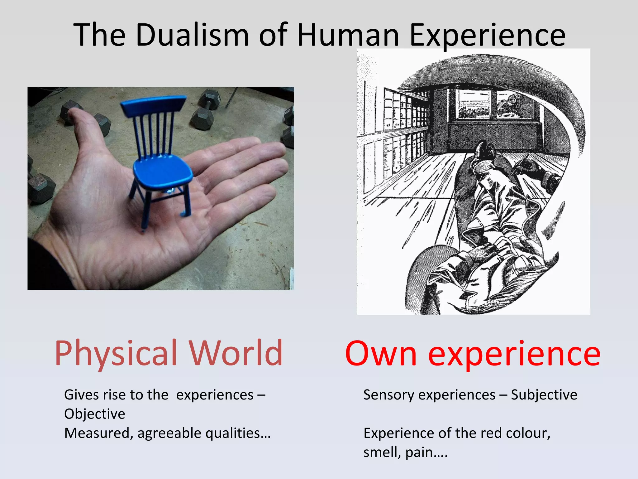 The Dualism of Human Experience Physical World Own experience Sensory experiences – Subjective Experience of the red colour, smell, pain…. Gives rise to the  experiences – Objective Measured, agreeable qualities…  
