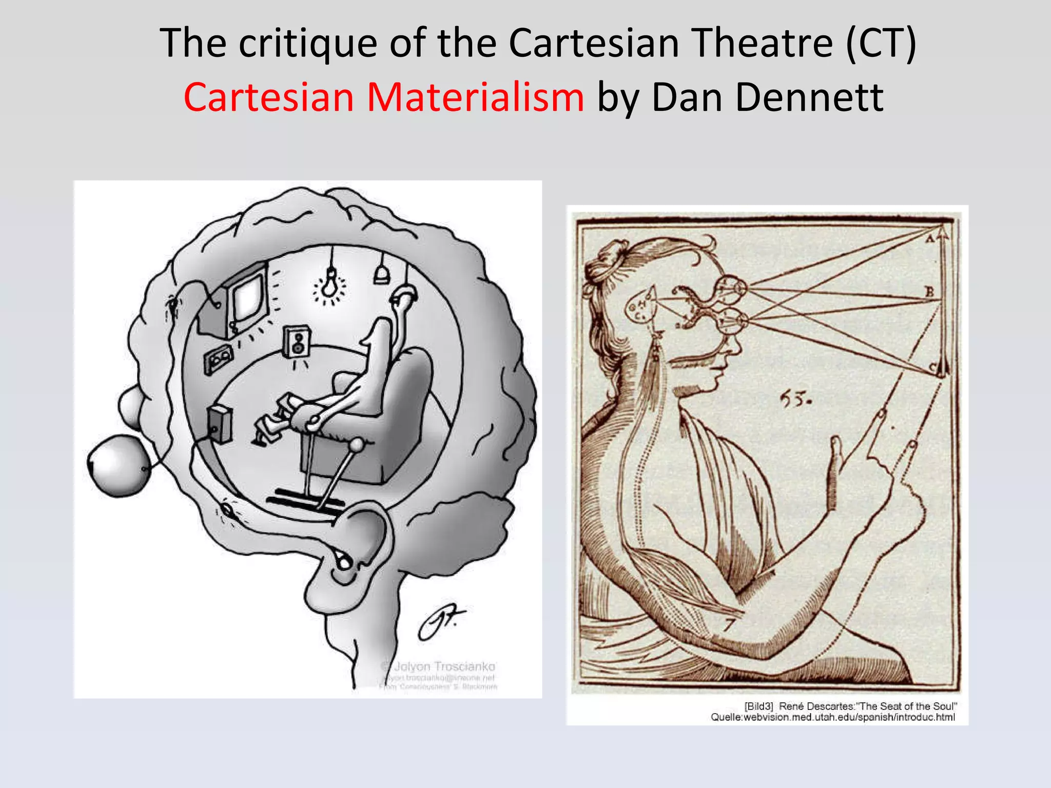 The critique of the Cartesian Theatre (CT)  Cartesian Materialism   by Dan Dennett  