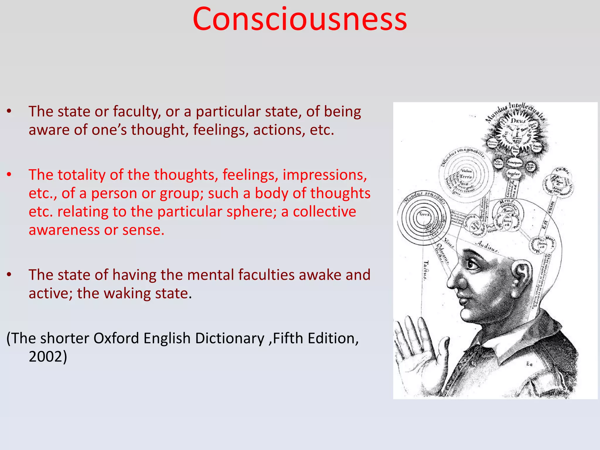 Consciousness The state or faculty, or a particular state, of being aware of one’s thought, feelings, actions, etc. The totality of the thoughts, feelings, impressions, etc., of a person or group; such a body of thoughts etc. relating to the particular sphere; a collective awareness or sense. The state of having the mental faculties awake and active; the waking state . (The shorter Oxford English Dictionary ,Fifth Edition, 2002) 