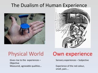 The Dualism of Human Experience <ul><li>Physical World </li></ul>Own experience Sensory experiences – Subjective Experienc...