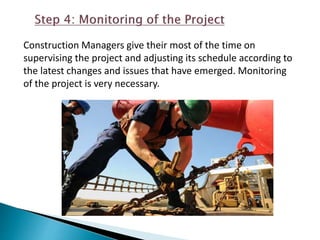 Construction Managers give their most of the time on
supervising the project and adjusting its schedule according to
the latest changes and issues that have emerged. Monitoring
of the project is very necessary.
 