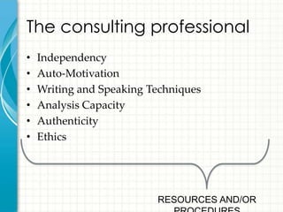 The consulting professional
•   Independency
•   Auto-Motivation
•   Writing and Speaking Techniques
•   Analysis Capacity
•   Authenticity
•   Ethics




                          RESOURCES AND/OR
 