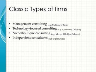 Classic Types of firms

•   Management consulting (e.g. McKinsey, Bain)
•   Technology-focused consulting (e.g. Accenture, Deloitte)
•   Niche/boutique consulting (e.g. Mercer HR, Kurt Salmon)
•   Independent consultants (self explanatory)
 