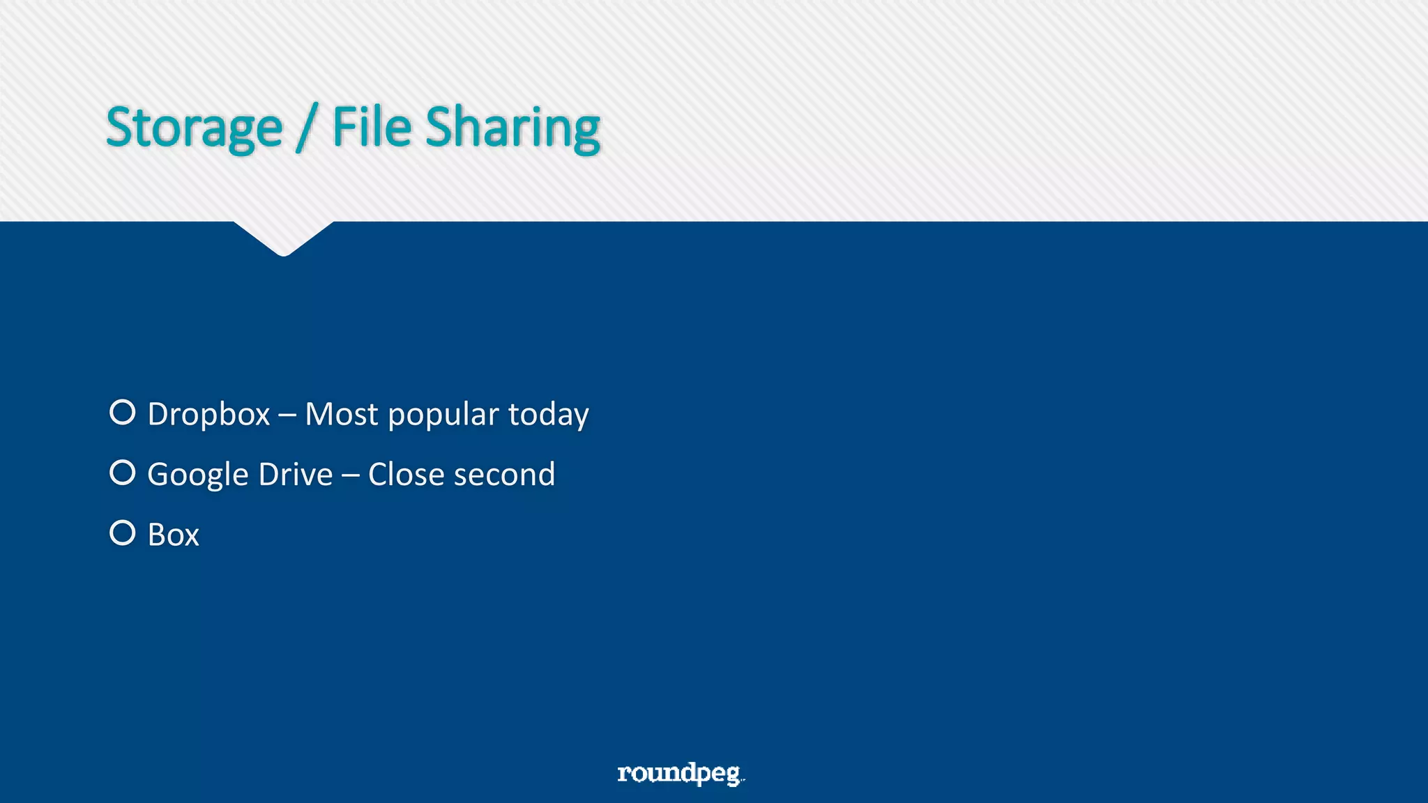 Storage / File Sharing
 Dropbox – Most popular today
 Google Drive – Close second
 Box
 
