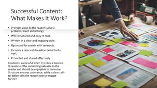 Successful Content:
What Makes It Work?
• Provides value to the reader (solve a
problem, teach something)
• Well-structured and easy to read.
• Written in a clear and engaging style.
• Optimized for search with keywords.
• Includes a clear call-to-action (what to do
next).
• Promoted and shared effectively.
Content is successful when it strikes a balance.
It needs to offer something valuable to the
reader and should be enjoyable to consume.
Structure ensures coherence, while a clear call-
to-action tells the reader how to engage
further.
 
