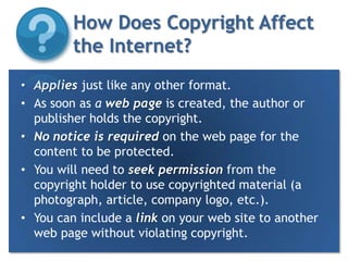 To distribute copies of the work. (To sell or market the copies)What are the Rights of the Copyright Holder ?To publicly perform the work. (To sing, act, dance, etc.)To publicly display the work directly or by telecommunication. (To broadcast or publish)To publicly perform a sound recording by digital transmission.  http://www.lib.ncsu.edu/scc/tutorial/basics3.html