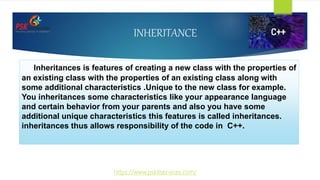 INHERITANCE
Inheritances is features of creating a new class with the properties of
an existing class with the properties of an existing class along with
some additional characteristics .Unique to the new class for example.
You inheritances some characteristics like your appearance language
and certain behavior from your parents and also you have some
additional unique characteristics this features is called inheritances.
inheritances thus allows responsibility of the code in C++.
https://www.pskitservices.com/
 
