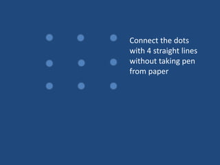 Connect the dots
with 4 straight lines
without taking pen
from paper
 