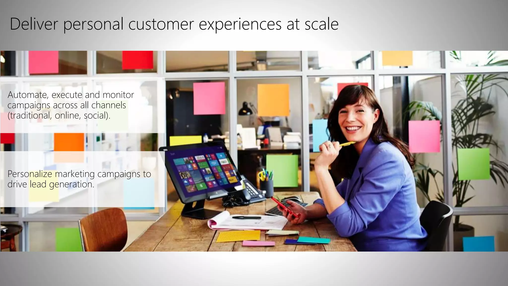 Deliver personal customer experiences at scale
Personalize marketing campaigns to
drive lead generation.
Automate, execute and monitor
campaigns across all channels
(traditional, online, social).
 