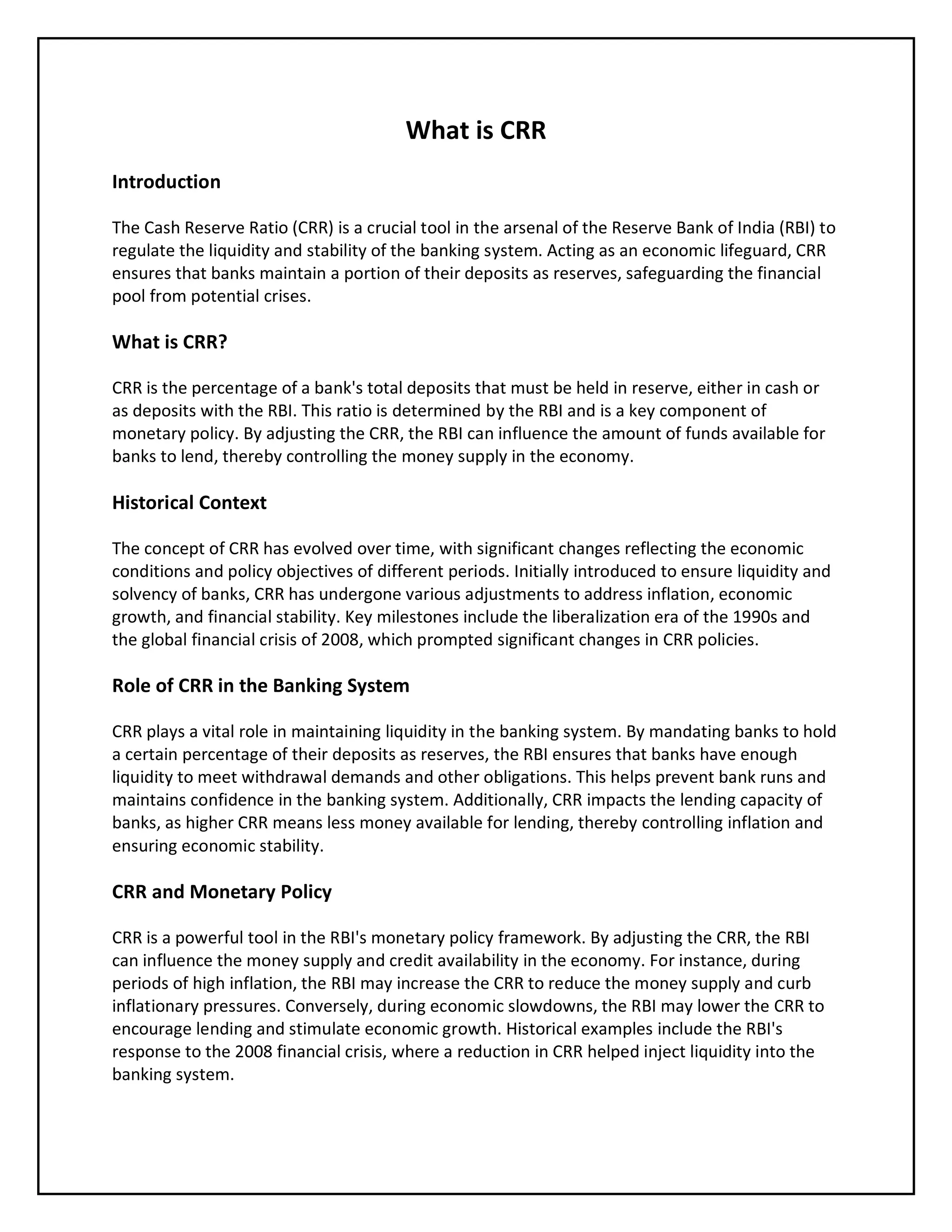 What is Cash Reserve Ratio (CRR) in India | PDF