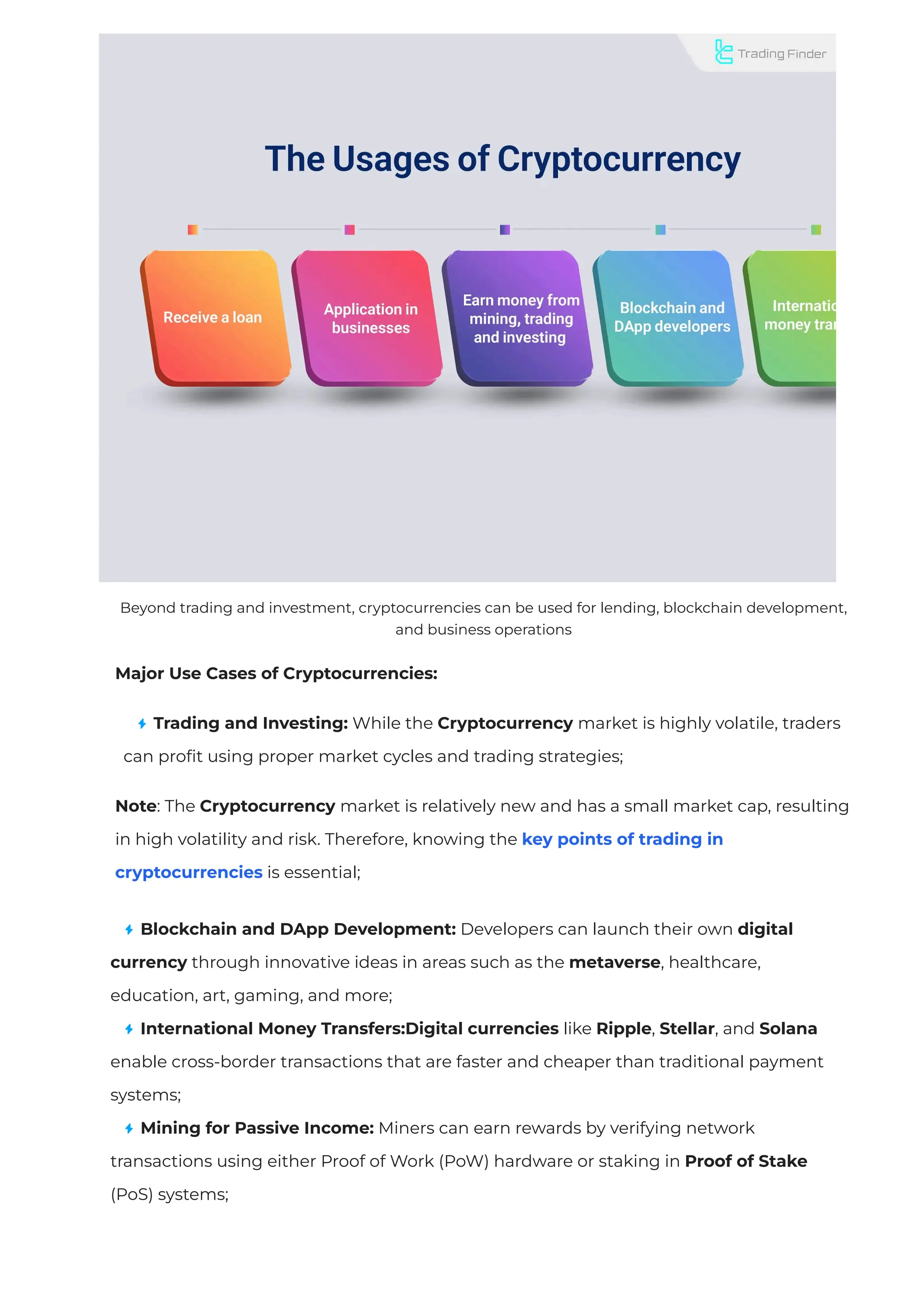 Major Use Cases of Cryptocurrencies:
Trading and Investing: While the Cryptocurrency market is highly volatile, traders
can pro
fi
t using proper market cycles and trading strategies;
Note: The Cryptocurrency market is relatively new and has a small market cap, resulting
in high volatility and risk. Therefore, knowing the key points of trading in
cryptocurrencies is essential;
Beyond trading and investment, cryptocurrencies can be used for lending, blockchain development,
and business operations
Blockchain and DApp Development: Developers can launch their own digital
currency through innovative ideas in areas such as the metaverse, healthcare,
education, art, gaming, and more;
International Money Transfers:Digital currencies like Ripple, Stellar, and Solana
enable cross-border transactions that are faster and cheaper than traditional payment
systems;
Mining for Passive Income: Miners can earn rewards by verifying network
transactions using either Proof of Work (PoW) hardware or staking in Proof of Stake
(PoS) systems;
 