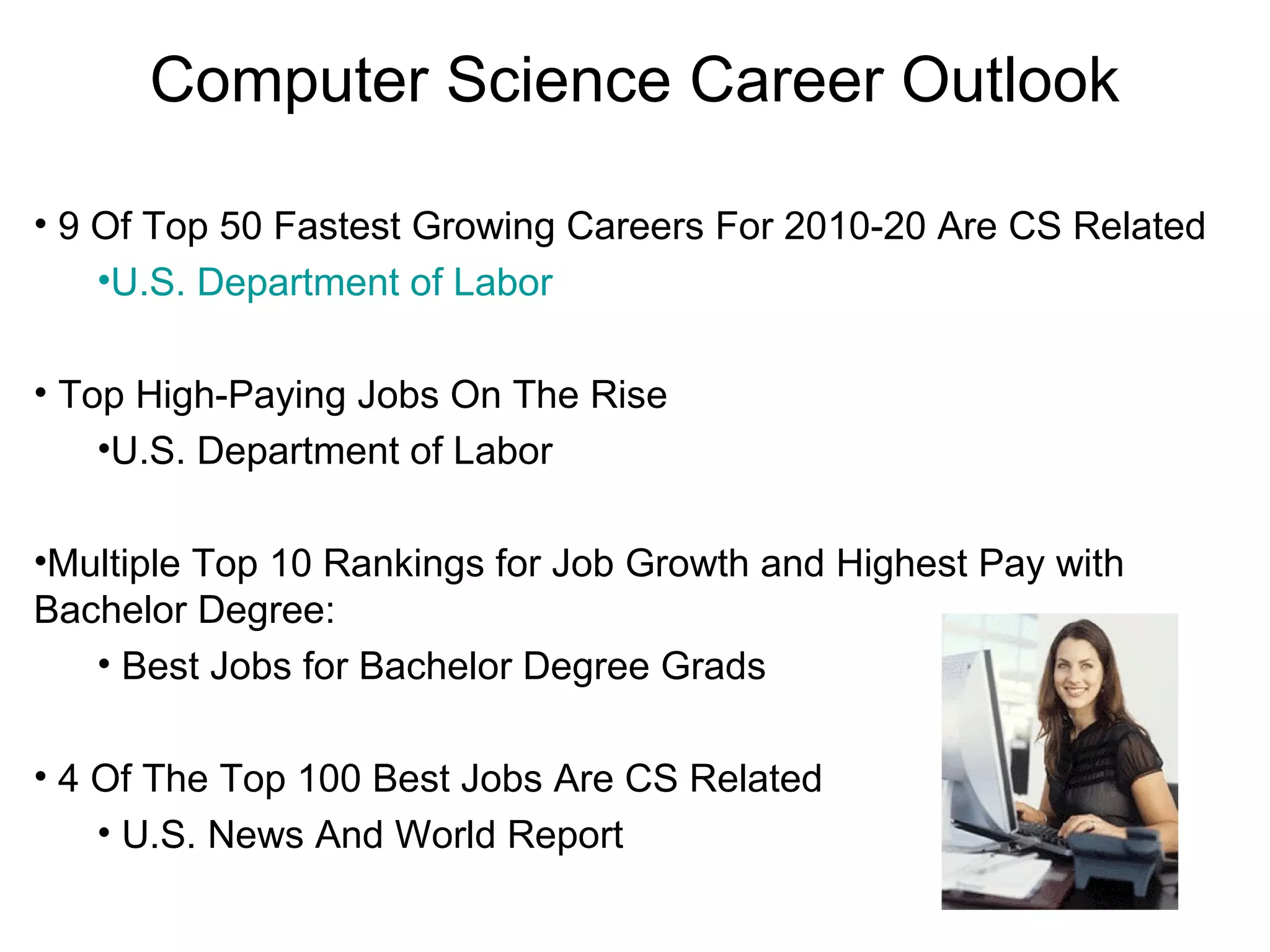 Computer Science Career Outlook
• 9 Of Top 50 Fastest Growing Careers For 2010-20 Are CS Related
•U.S. Department of Labor
• Top High-Paying Jobs On The Rise
•U.S. Department of Labor
•Multiple Top 10 Rankings for Job Growth and Highest Pay with
Bachelor Degree:
• Best Jobs for Bachelor Degree Grads
• 4 Of The Top 100 Best Jobs Are CS Related
• U.S. News And World Report

 