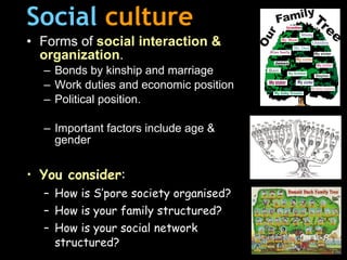 Social   culture Forms of  social interaction & organization . Bonds by kinship and marriage Work duties and economic position Political position. Important factors include age & gender You consider : How is S’pore society organised? How is your family structured? How is your social network structured? 