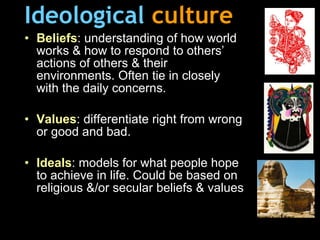 Ideological   culture Beliefs : understanding of how world works & how to respond to others’ actions of others & their environments. Often tie in closely with the daily concerns. Values : differentiate right from wrong or good and bad. Ideals : models for what people hope to achieve in life. Could be based on religious &/or secular beliefs & values 