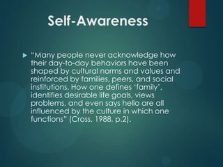 Self-Awareness


“Many people never acknowledge how
their day-to-day behaviors have been
shaped by cultural norms and values and
reinforced by families, peers, and social
institutions. How one defines „family‟,
identifies desirable life goals, views
problems, and even says hello are all
influenced by the culture in which one
functions” (Cross, 1988, p.2).

 