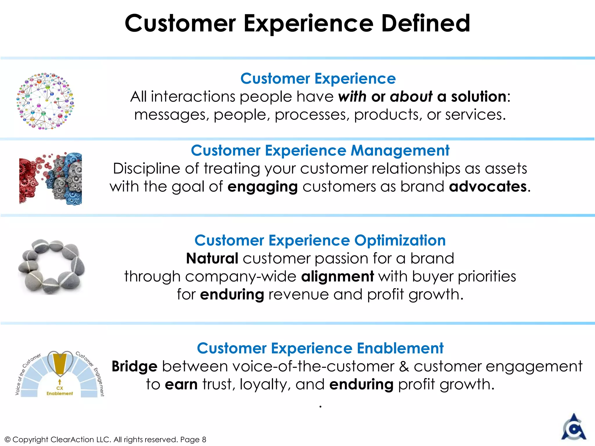 © Copyright ClearAction LLC. All rights reserved. Page 8
Customer Knowledge (ways of understanding customers)
• Voice of the customer — monitoring customer sentiment
• Net promoter score — a way of summarizing voice of the customer: percent who would
recommend a brand minus percent who would not
• Customer intelligence — integration, mining, and analysis of customer data
• Customer experience journey map – pictorial representation of a customer’s thoughts
and actions while shopping or using a product or service
• Internal branding — internal understanding by each employee, supplier, and alliance
partner of their specific impact on external customer experience
Across the CX ROI building-blocks, choose the component mix that best fits your company’s unique situation
CX Management Components
Customer Knowledge ◄ Customer Well-being ◄ Customer Profitability
 