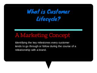 What is Customer
Lifecycle?
A Marketing Concept
Identifying the key milestones every customer
tends to go through or follow during the course of a
releationship with a brand.
 
