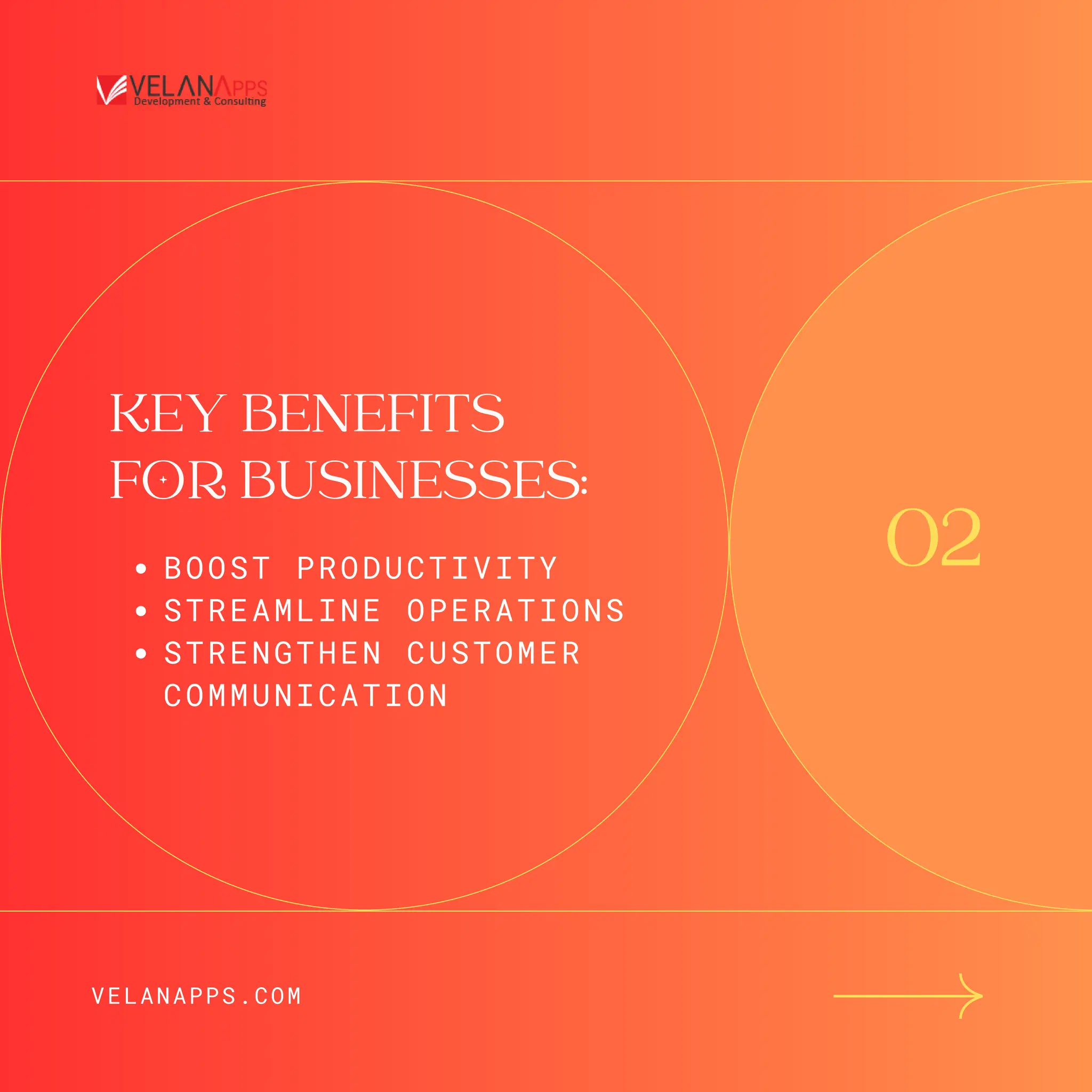 KEY BENEFITS
FOR BUSINESSES:
BOOST PRODUCTIVITY
STREAMLINE OPERATIONS
STRENGTHEN CUSTOMER
COMMUNICATION
02
VELANAPPS.COM