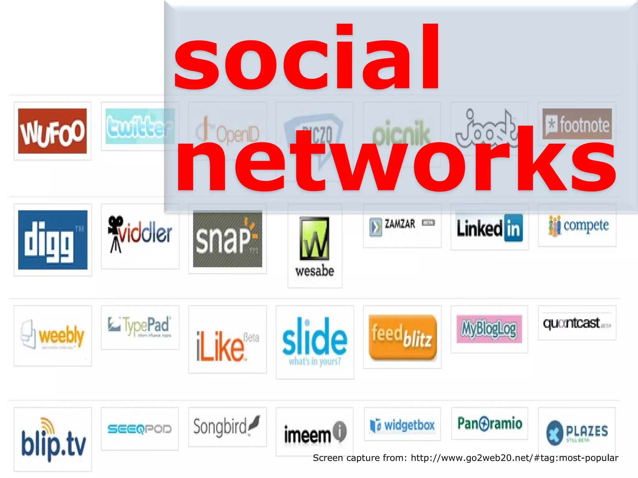 Screen capture from: http://www.go2web20.net/#tag:most-popular social networks 