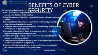 www.gicseh.com
03
BENEFITS OF CYBER
SECURITY
Here are some key benefits of cybersecurity:
1.Data Protection: Safeguards sensitive information from
unauthorized access and breaches.
2.Risk Management: Identifies vulnerabilities and mitigates potential
threats.
3.Business Continuity: Ensures operational resilience by preventing
downtime during cyber incidents.
4.Trust and Reputation: Builds customer confidence by demonstrating
commitment to data security.
5.Regulatory Compliance: Helps organizations adhere to laws and
regulations regarding data protection.
6.Financial Savings: Reduces costs associated with data breaches,
recovery, and legal liabilities.
7.Safeguarding Intellectual Property: Protects proprietary information
and trade secrets from competitors.
8.Enhanced Productivity: Secures systems, allowing employees to
work without disruptions from cyber threats.
 