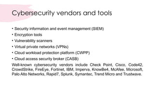 Cybersecurity vendors and tools
• Security information and event management (SIEM)
• Encryption tools
• Vulnerability scanners
• Virtual private networks (VPNs)
• Cloud workload protection platform (CWPP)
• Cloud access security broker (CASB)
Well-known cybersecurity vendors include Check Point, Cisco, Code42,
CrowdStrike, FireEye, Fortinet, IBM, Imperva, KnowBe4, McAfee, Microsoft,
Palo Alto Networks, Rapid7, Splunk, Symantec, Trend Micro and Trustwave.
 