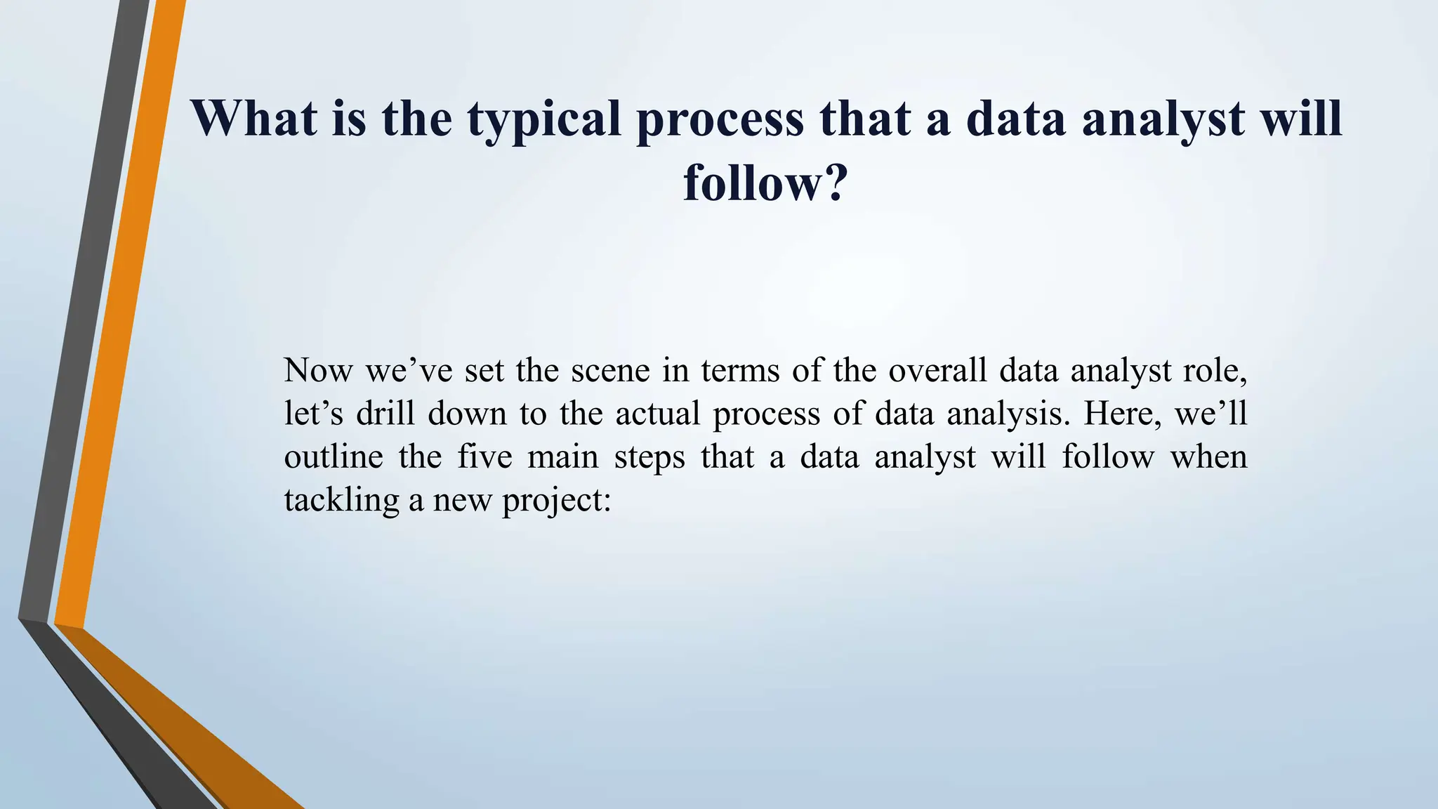 What is the typical process that a data analyst will follow? Now we’ve set the scene in terms of the overall data analyst role, let’s drill down to the actual process of data analysis. Here, we’ll outline the five main steps that a data analyst will follow when tackling a new project: 