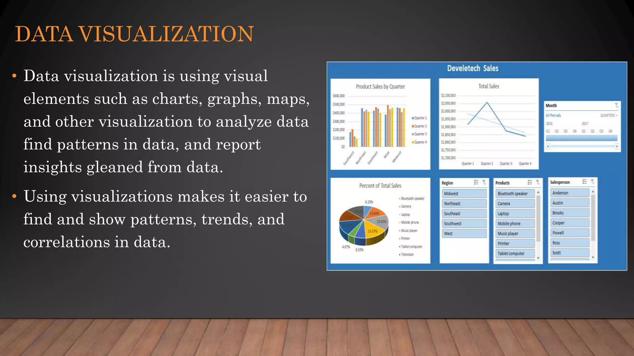 DATA VISUALIZATION
• Data visualization is using visual
elements such as charts, graphs, maps,
and other visualization to analyze data
find patterns in data, and report
insights gleaned from data.
• Using visualizations makes it easier to
find and show patterns, trends, and
correlations in data.
 
