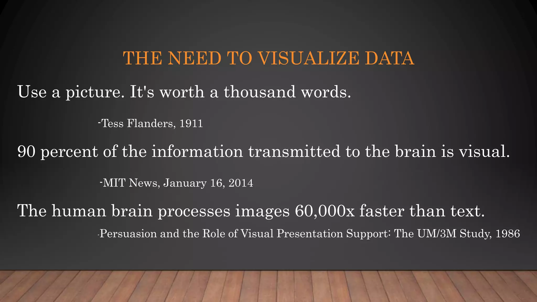 THE NEED TO VISUALIZE DATA
Use a picture. It's worth a thousand words.
-Tess Flanders, 1911
90 percent of the information transmitted to the brain is visual.
-MIT News, January 16, 2014
The human brain processes images 60,000x faster than text.
-Persuasion and the Role of Visual Presentation Support: The UM/3M Study, 1986
 