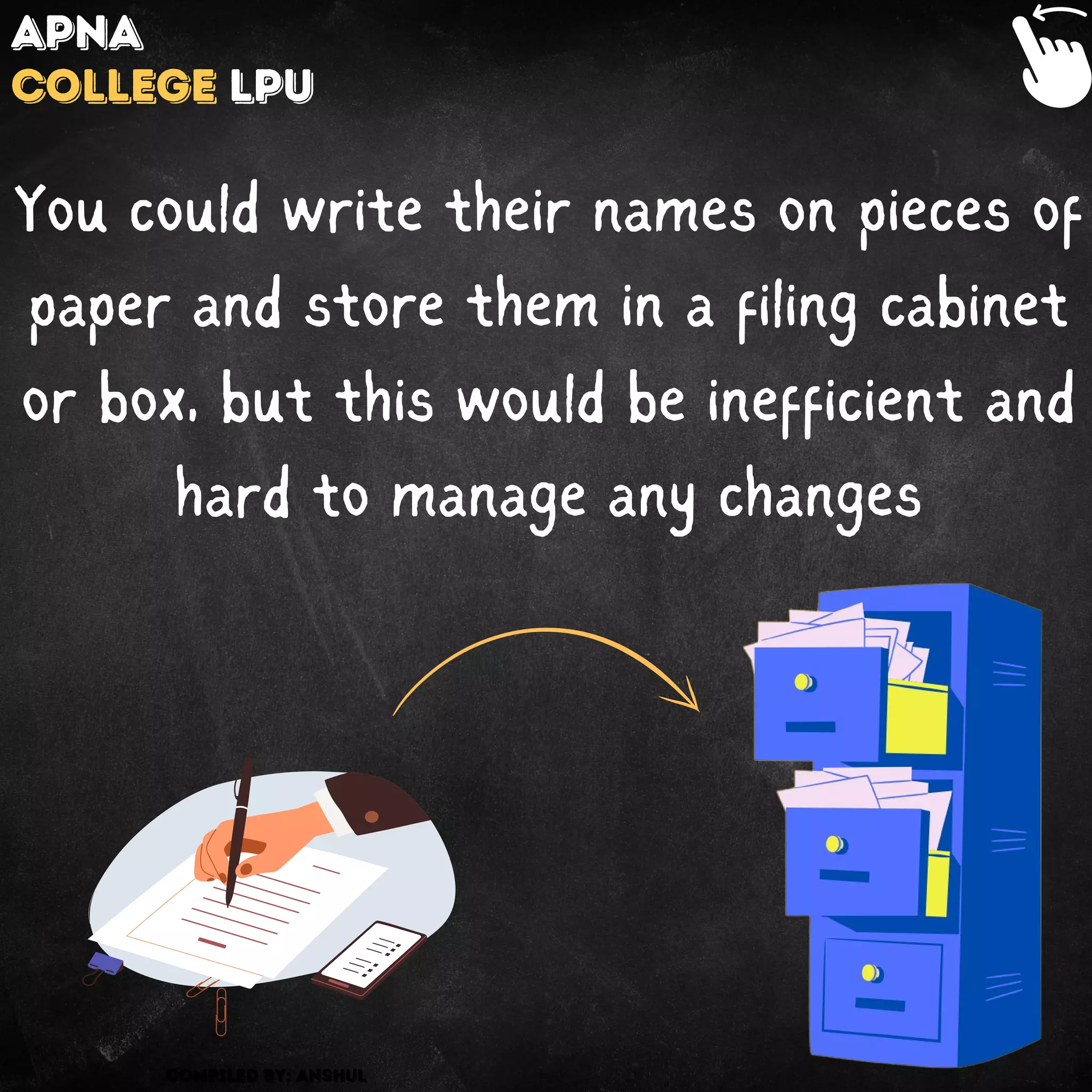 You could write their names on pieces of
paper and store them in a filing cabinet
or box, but this would be inefficient and
hard to manage any changes
Compiled by: Anshul
Apna
College LPU
 