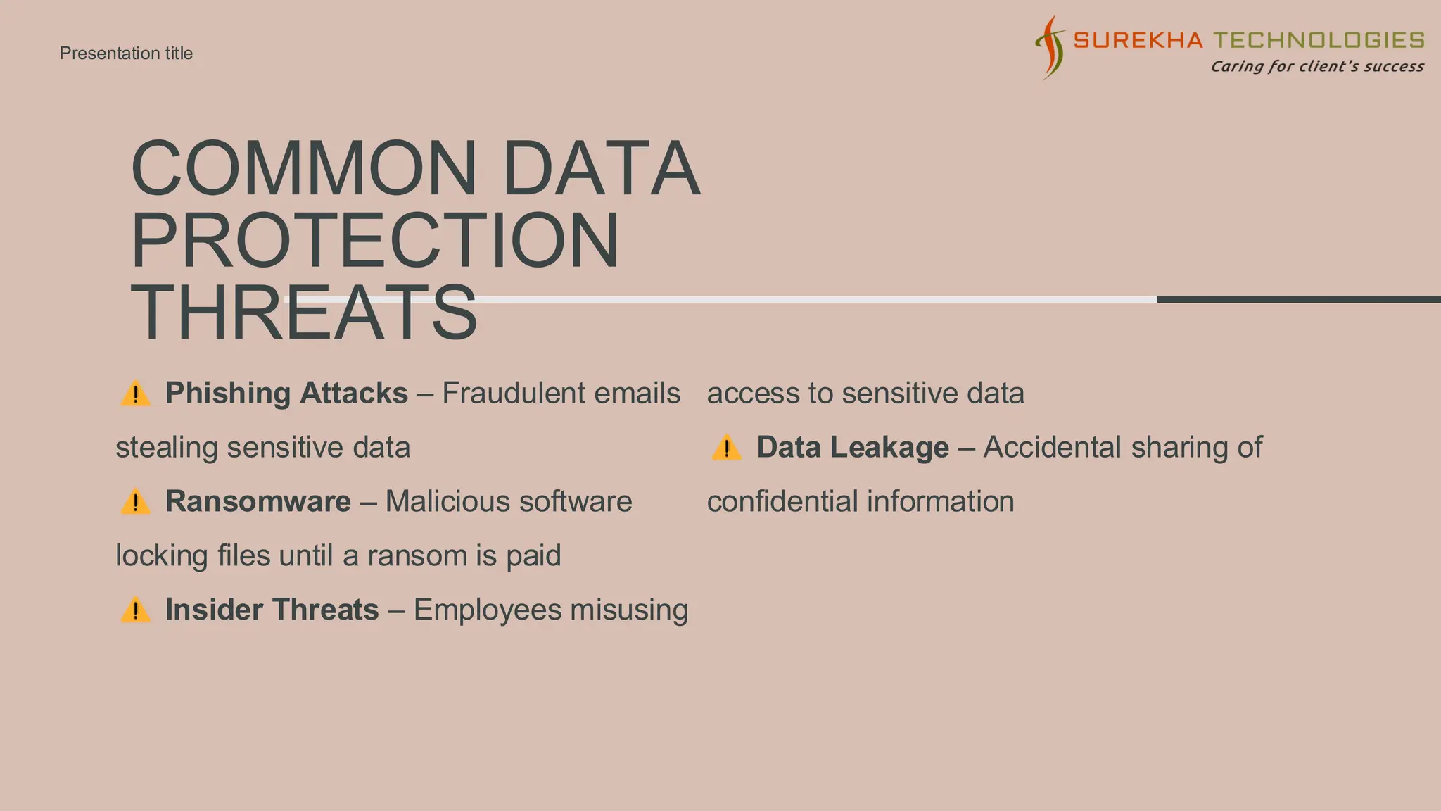 COMMON DATA
PROTECTION
THREATS
Phishing Attacks – Fraudulent emails
stealing sensitive data
Ransomware – Malicious software
locking files until a ransom is paid
Insider Threats – Employees misusing
access to sensitive data
Data Leakage – Accidental sharing of
confidential information
Presentation title
 