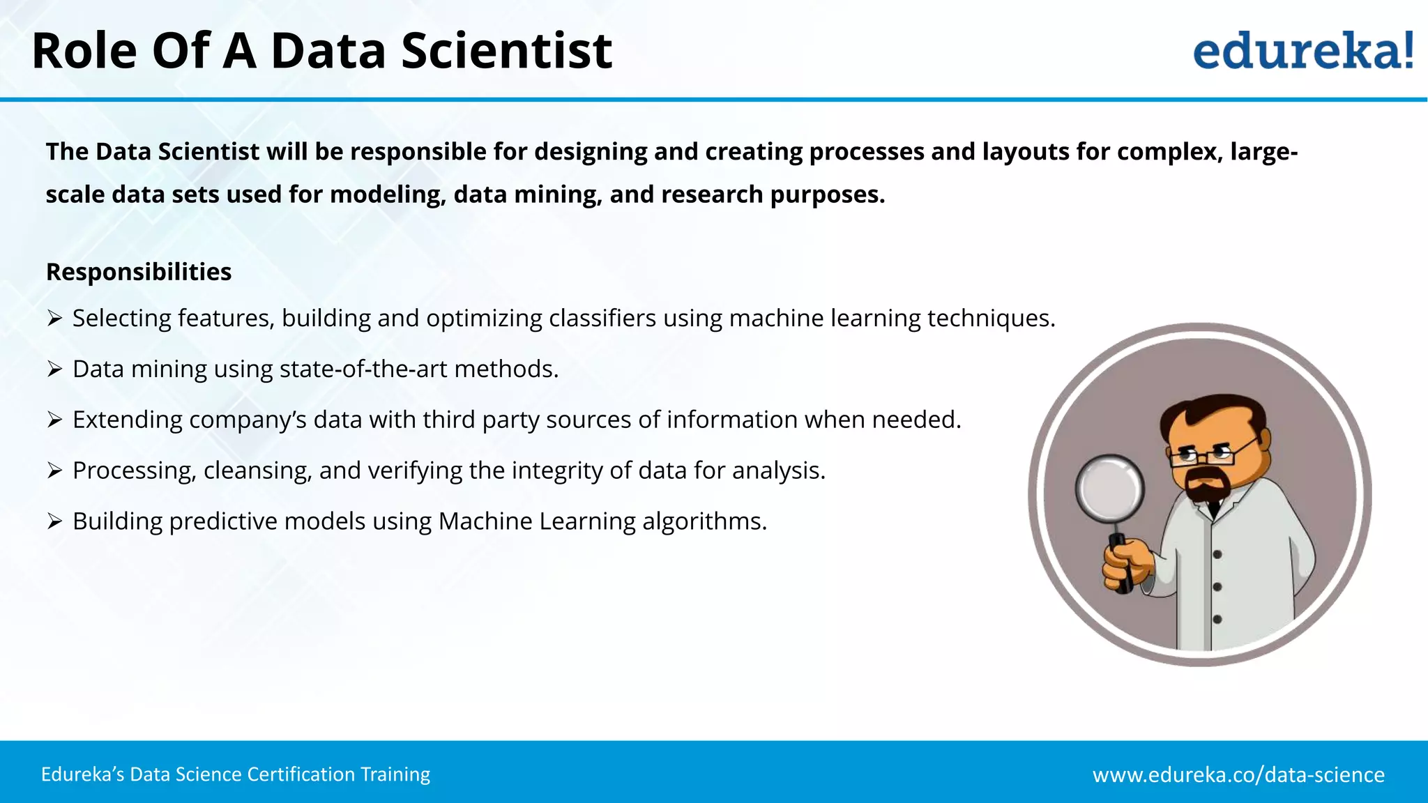 www.edureka.co/data-science
Edureka’s Data Science Certification Training
Role Of A Data Scientist
The Data Scientist will be responsible for designing and creating processes and layouts for complex, large-
scale data sets used for modeling, data mining, and research purposes.
Responsibilities
 Selecting features, building and optimizing classifiers using machine learning techniques.
 Data mining using state-of-the-art methods.
 Extending company’s data with third party sources of information when needed.
 Processing, cleansing, and verifying the integrity of data for analysis.
 Building predictive models using Machine Learning algorithms.
 