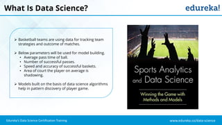 www.edureka.co/data-science
Edureka’s Data Science Certification Training
What Is Data Science?
 Basketball teams are using data for tracking team
strategies and outcome of matches.
 Below parameters will be used for model building.
• Average pass time of ball.
• Number of successful passes.
• Speed and accuracy of successful baskets.
• Area of court the player on average is
shadowing.
 Models built on the basis of data science algorithms
help in pattern discovery of player game.
 