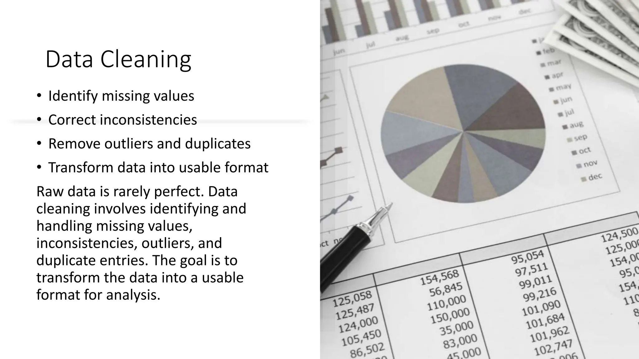 Data Cleaning
• Identify missing values
• Correct inconsistencies
• Remove outliers and duplicates
• Transform data into usable format
Raw data is rarely perfect. Data
cleaning involves identifying and
handling missing values,
inconsistencies, outliers, and
duplicate entries. The goal is to
transform the data into a usable
format for analysis.
 