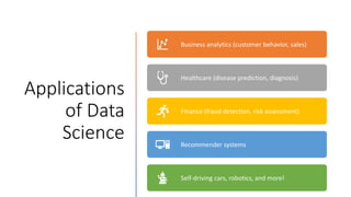 Applications
of Data
Science
Business analytics (customer behavior, sales)
Healthcare (disease prediction, diagnosis)
Finance (fraud detection, risk assessment)
Recommender systems
Self-driving cars, robotics, and more!
 