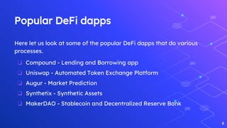 Popular DeFi dapps
Here let us look at some of the popular DeFi dapps that do various
processes.
❏ Compound - Lending and Borrowing app
❏ Uniswap - Automated Token Exchange Platform
❏ Augur - Market Prediction
❏ Synthetix - Synthetic Assets
❏ MakerDAO - Stablecoin and Decentralized Reserve Bank
6
 