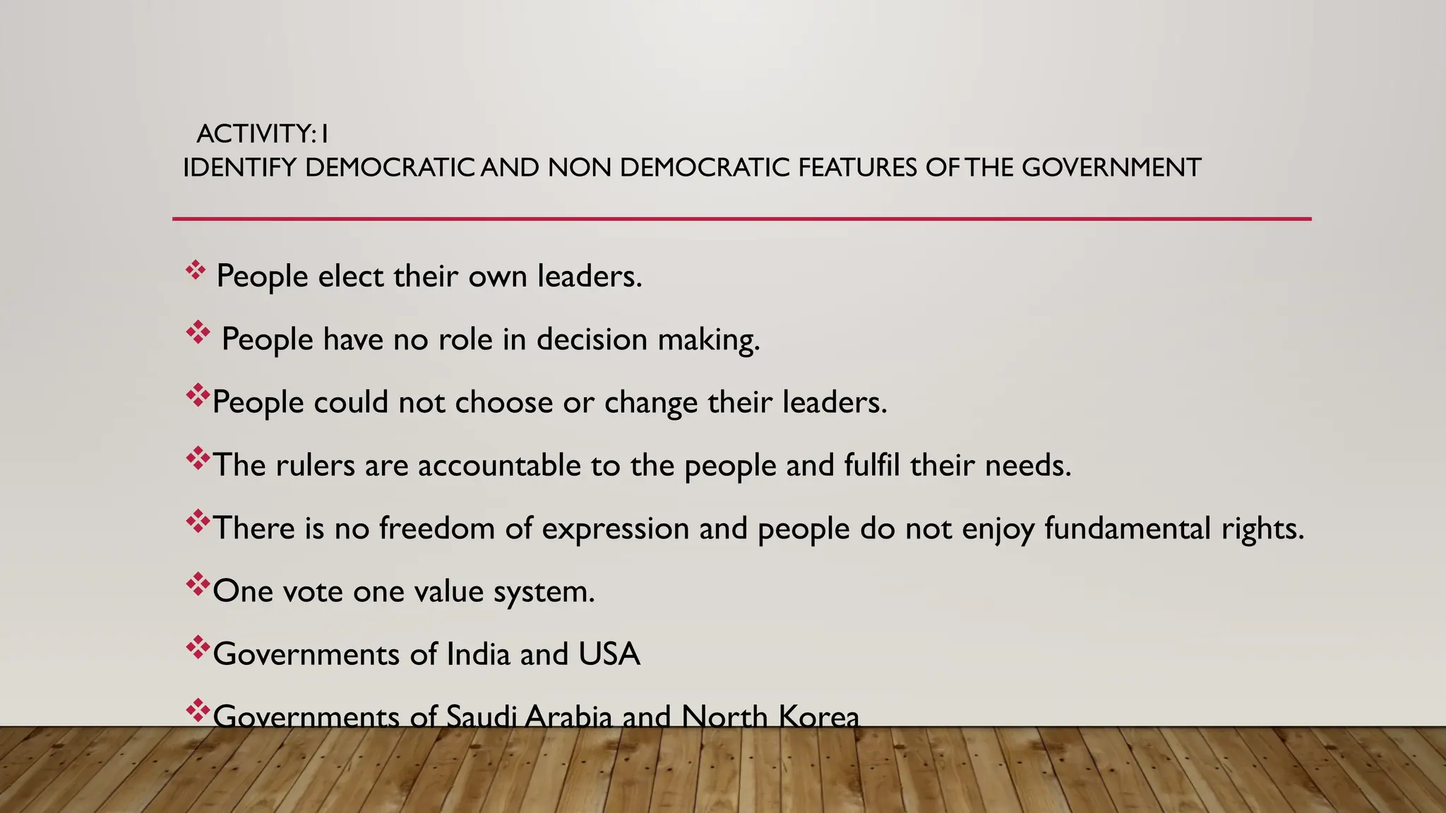 ACTIVITY: I
IDENTIFY DEMOCRATIC AND NON DEMOCRATIC FEATURES OFTHE GOVERNMENT
 People elect their own leaders.
 People have no role in decision making.
People could not choose or change their leaders.
The rulers are accountable to the people and fulfil their needs.
There is no freedom of expression and people do not enjoy fundamental rights.
One vote one value system.
Governments of India and USA
Governments of Saudi Arabia and North Korea
 